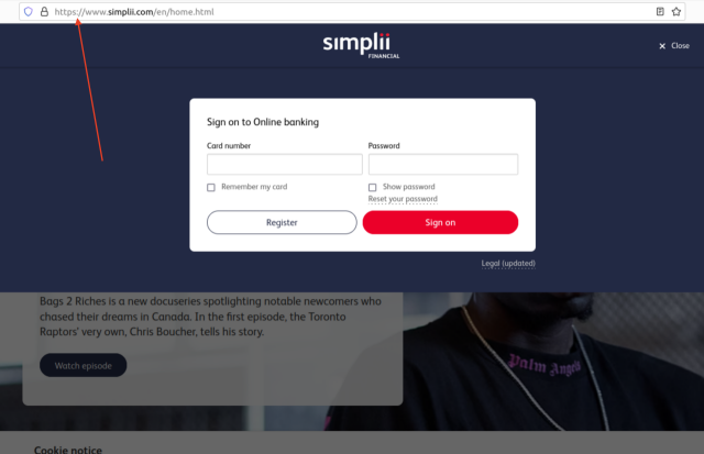 An image of the www.simplii.com login page with an arrow pointing to https://www.simplii.com and nothing about https://simplii.com