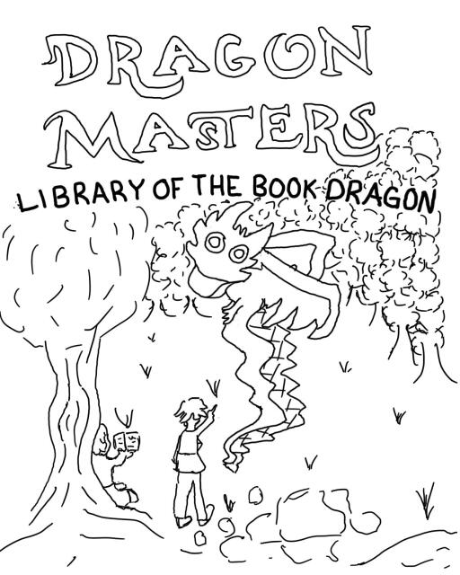 the title at the top of the picture reads dragon masters and library of the book dragon, with a forest bleeding into some of the title underneath, a single tree on the left side with a kid reading a book at the base of it and another pointing to a dragon flying in the air. There is also a small stream and some rocks in the foreground at the very bottomof the picture