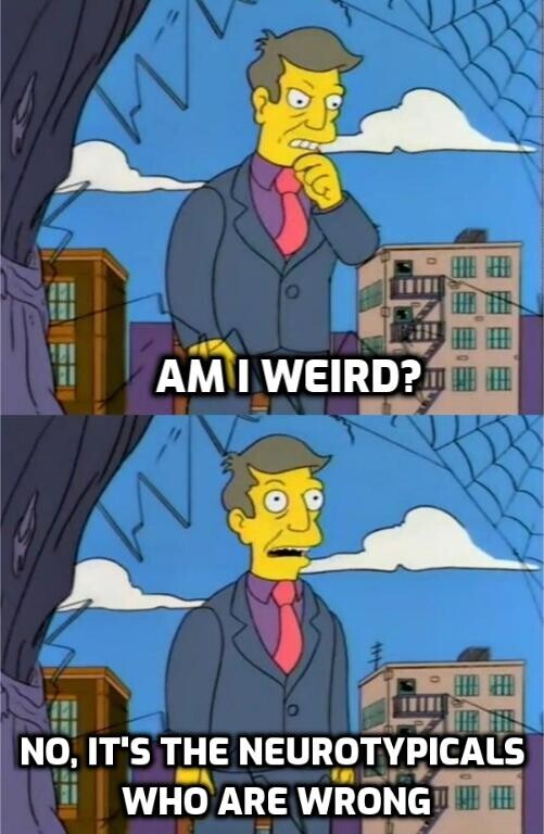 Principal Skinner meme. Top panel shows him thinking "Am I weird?" Bottom panel shows him responding "No, it's the neurotypicals who are wrong" 