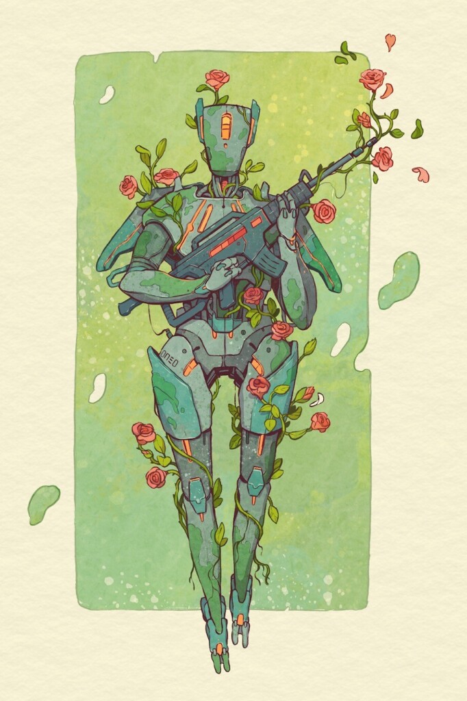 A humanoid robot in blue and green, with golden light details, is overgrown with roses and holds a rifle from which grows even more roses