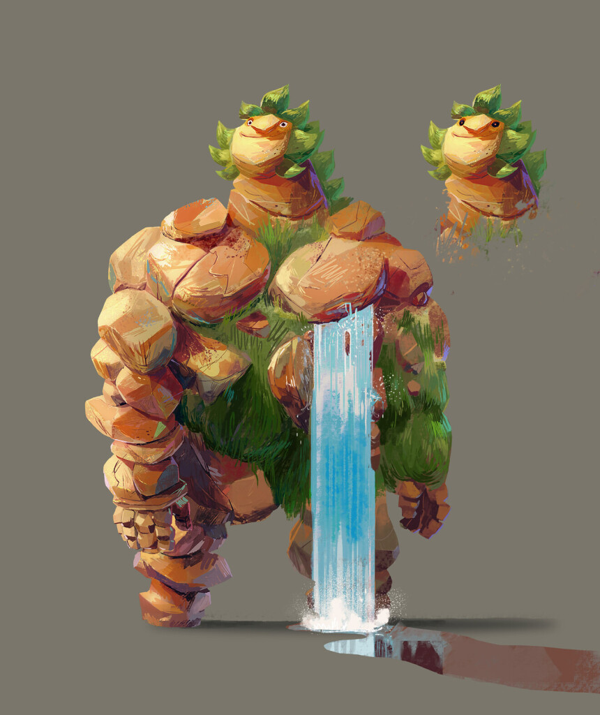 A painterly concept-art of a character made from rocks, with a waterfall streaming from his heart.