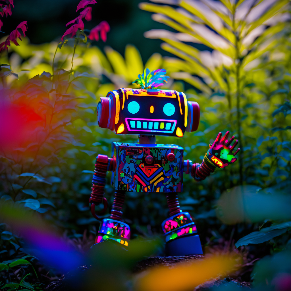 A tiny neon colored robot waving amongst the underbrush