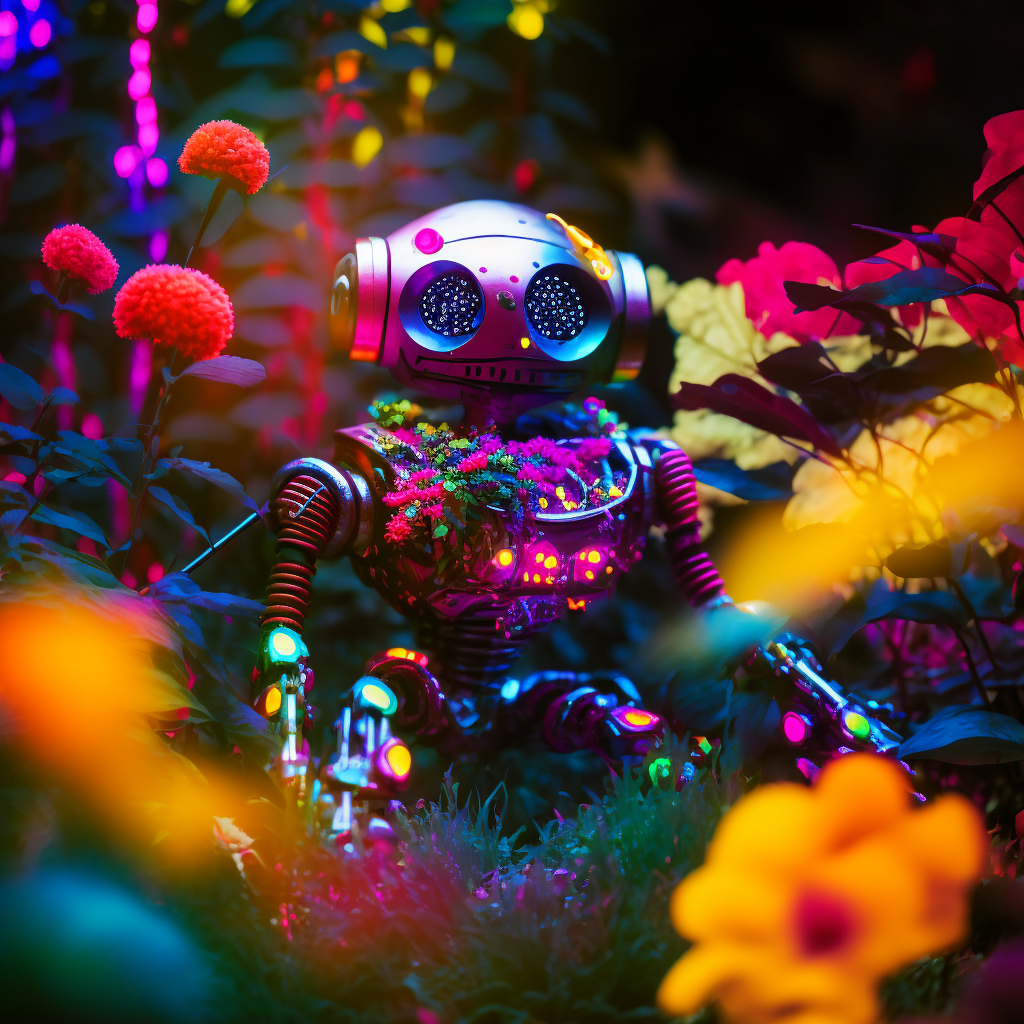 A tiny neon colored robot with fluorescent colored moss on his chest looking at the camera next to some weeds
