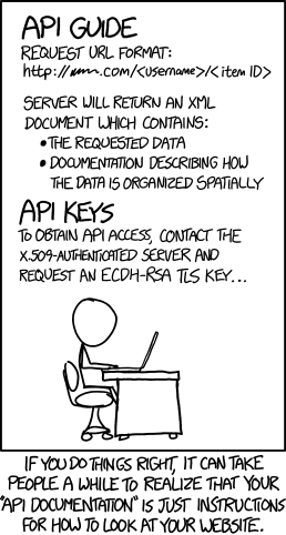 
XKCD Comic
Person sitting at a desk staring at a computer.
Text:
    API Guide
    Request URL format:
    http://~~~.com/<username>/<item ID> 

    Server will return an XML document which contains:

        The requested data.
        Documentation describing how the data is organized spatially.

    API Keys

    To obtain API access, contact the X.509-authenticated server and request an ECDH-RSA TLS key...
    If you do things right, it can take people a while to realize that your "API documentation" is just instructions for how to look at your website.