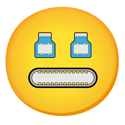 an emoji face where the mouth has been replaced with a diagrammatic representation of a USB-C plug, and the eyes with USB-B 3.0 plugs