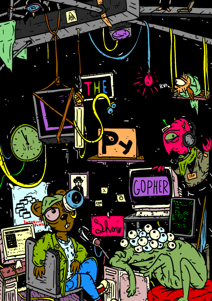 Color Lispy gopher show banner by @prahou@merveilles.town
The lisp alien and a cybernetic gopher and lots of the cast are in a tangle of old computers and wires