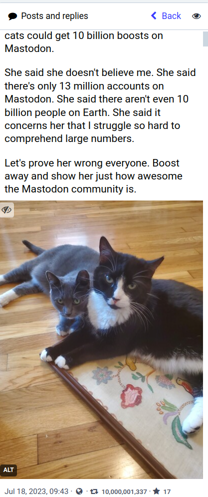 Hacked mastodon to show a post got 10,000,001,337 boost. Didn't really hack, just changed the source code and took a screenshot. 

Cute AF cats thou :D
