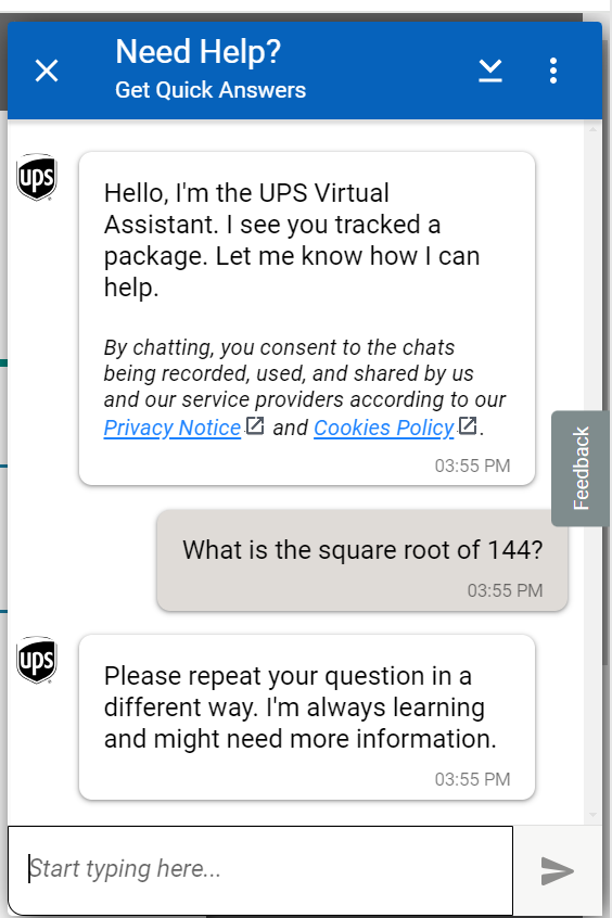 Screenshot of the conversation with the UPS Virtual Assistant as described in the post.
