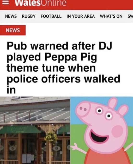 News headline from Wales Online. Reads: pub warned after DJ played Peppa Pig theme tune when police officers walked in