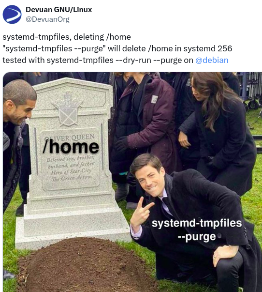 DO NOT RUN THIS COMMAND.

This is a Linux meme about systemd bug that deletes your /home/ when you run "systemd-tmpfiles --purge" 