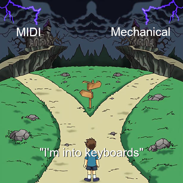 Branching paths meme. There is a person standing at a fork that says "I'm into keyboards" and the two stormy castles they could go to are MIDI and Mechanical