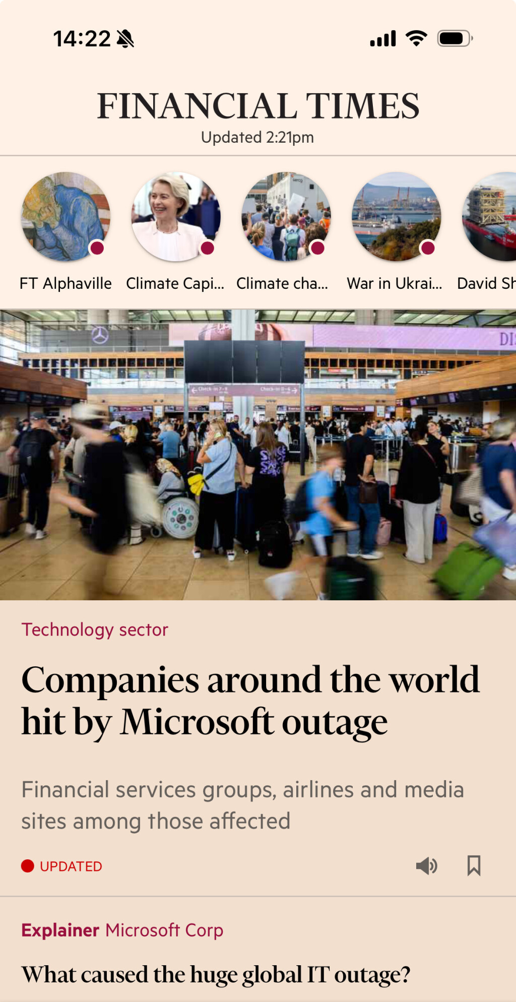 The financial times front page blaming the IT outage on Microsoft