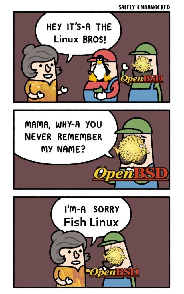 Comic strip showing Mario and Luigi talking to their mother. An image of the Linux Penguin mascot is on Mario's face, while the OpenBSD logo is on Luigi's face.

Panel 1:
Mother: "Hey it's-a the linux bros"

Panel 2:
Luigi: "Mama, why-a you never remember my name?"

Panel 3:
Mother: "I'm-a sorry fish linux"