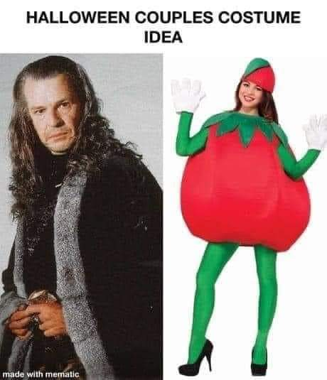 "Halloween couples costume idea":
* Denethor, the Steward of Gondor from Lord of the Rings
* a lady dressed as a sexy tomato