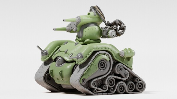 A chubby cartoony tank with smily faces and treads that are all tangled up
