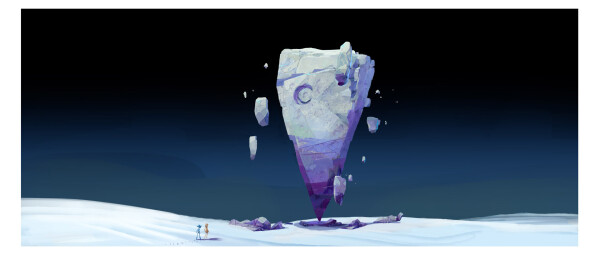 A painterly concept-art of a purple floating rock with a moon carved on it.