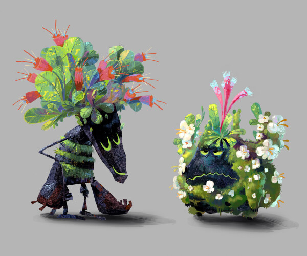 A painterly concept-art of two characters made of rocks, and covered in flowers.