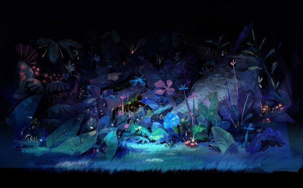 A painterly concept-art of a lush jungle at night, with bioluminescent flowers.
