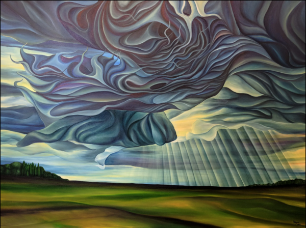 Abstract landscape: Swirling storm clouds, mothership backlit by sun with crepuscular rays over an empty field