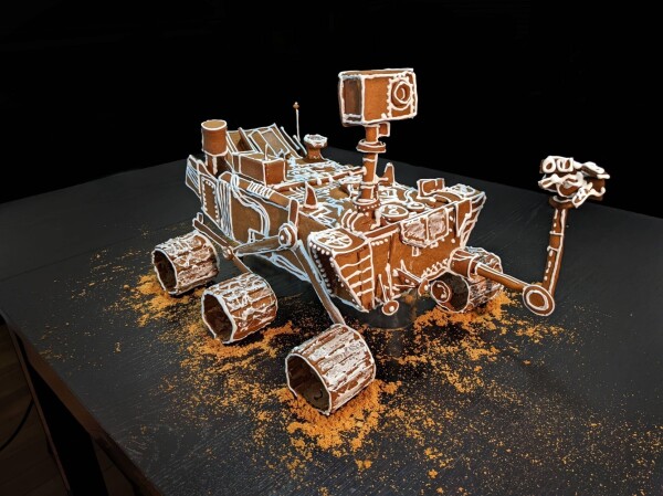 A 3D model of the Mars Curiosity Rover. Many details are piped in royal icing. It sits atop reddish gingerbread "dirt".