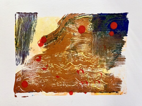 Gold, blue, yellow abstract gel print monotype with red spots