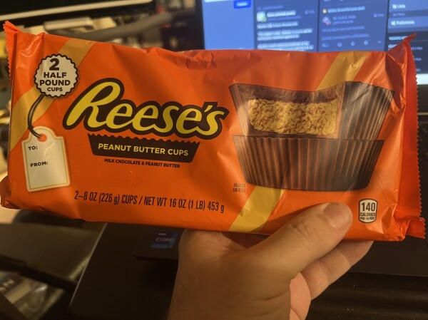 A giant 1 pound Reese's peanut butter cup package. 