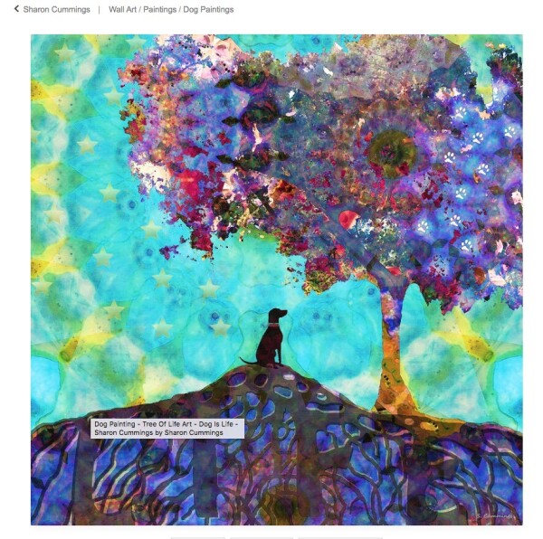 Colorful landscape art featuring a black dog, purple tree and blue mandala sky.  Tree of Life for dog lovers.