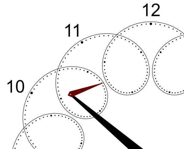 A zoomed in view of my epicycle clock, there is a series of loops from 10-o'clock to 12, and little dots to mark each minute.