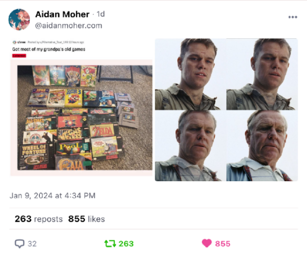 Screenshot of a reddit post of SNES games captioned "Got most of my  grandpa's old games" next to a four panel aging progression of Matt Damon aging sequence from Saving Private Ryan.