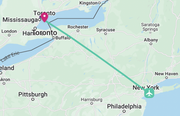 Map of the trip from New York City to Toronto by plane. The line is oblique, straight between the two cities.