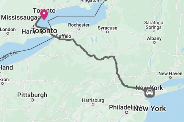 Map of the trip from New York City to Toronto by car. The line is squiggly, weaving through the terrain.