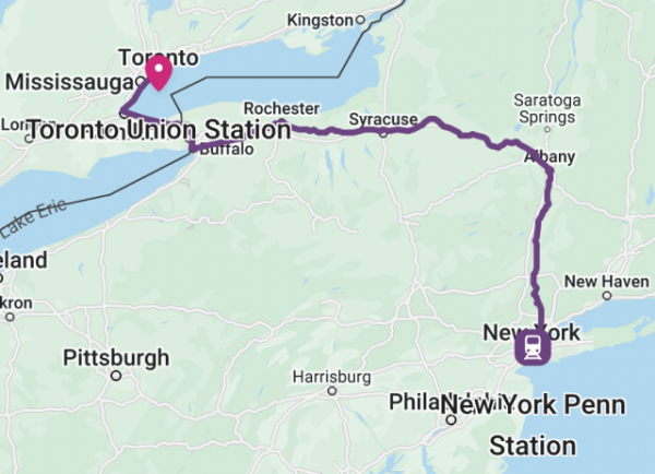 Map of the trip from New York City to Toronto by train. The line is squiggly and makes a significant detour by Albany, directly north of New York City.