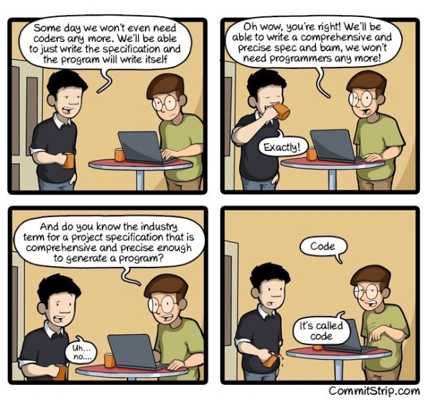 A four-panel comic strip featuring two men discussing software development. In the first panel, one person, holding a mug, claims that someday programs will write themselves based on specifications. In the second panel, the other person agrees, and asks the person what the industry standard term for a project specification that is comprehensive and precise enough to generate a program called in the third panel. The person with the mug responds "uh… no", to which, the other person replies (in the last panel) "Code. It's called code".