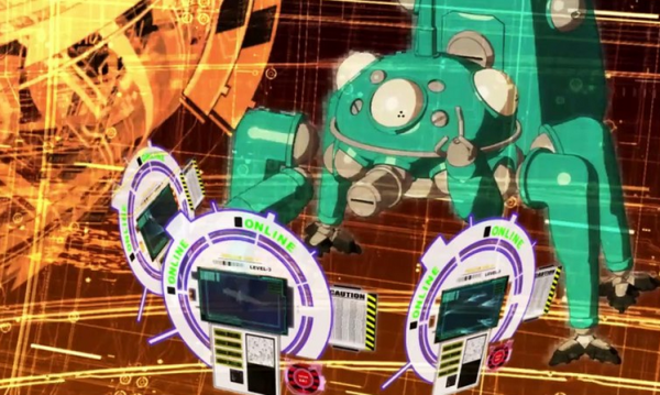 A green tachikoma looking at several little white disks that float in space, each with some images, progress bars and general technobabble.
(from Ghost in the Shell)
