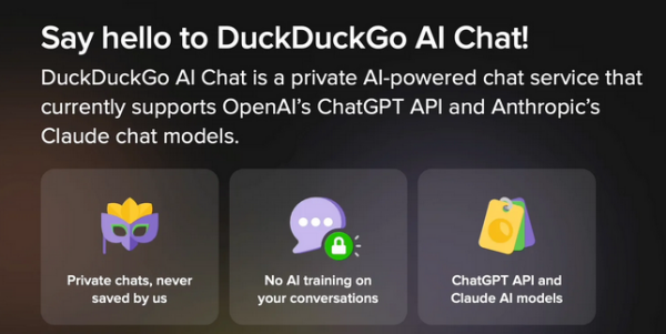 DuckDuckGo announcing their "AI chat".

Text:

Say ehllow to DuckuckGo AI Chat
DuckDuckGo AI Chat is a private AI-powered chat service that currently supports OpenAI's ChatGPT API and Anthropic's Claude chat models.